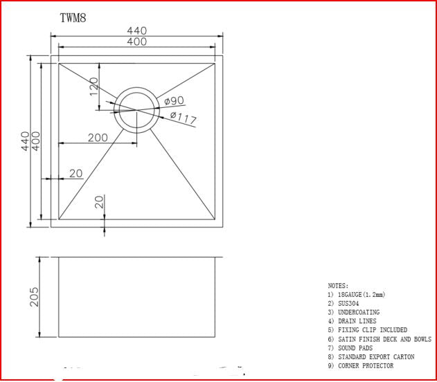 440x440x205mm Gunmetal Grey Stainless Steel Single Kitchen Sink