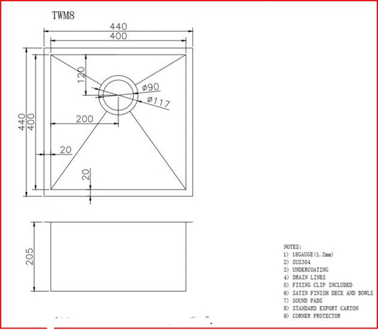 440x440x205mm Gunmetal Grey Stainless Steel Single Kitchen Sink