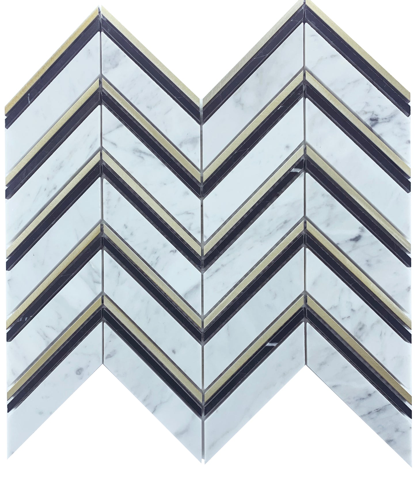 CHEVRON CARRARA + NERO + GOLD HONED