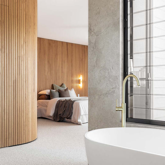 Elysian Floor Mounted Basin/Bath Filler with Mixer - Brushed Brass