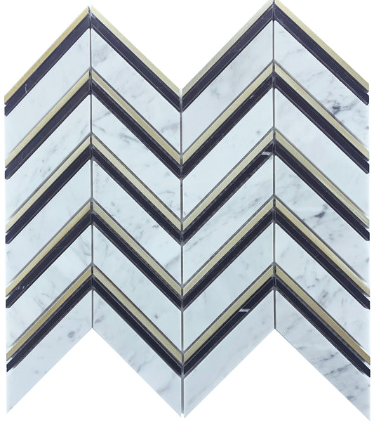 CHEVRON CARRARA + NERO + GOLD HONED