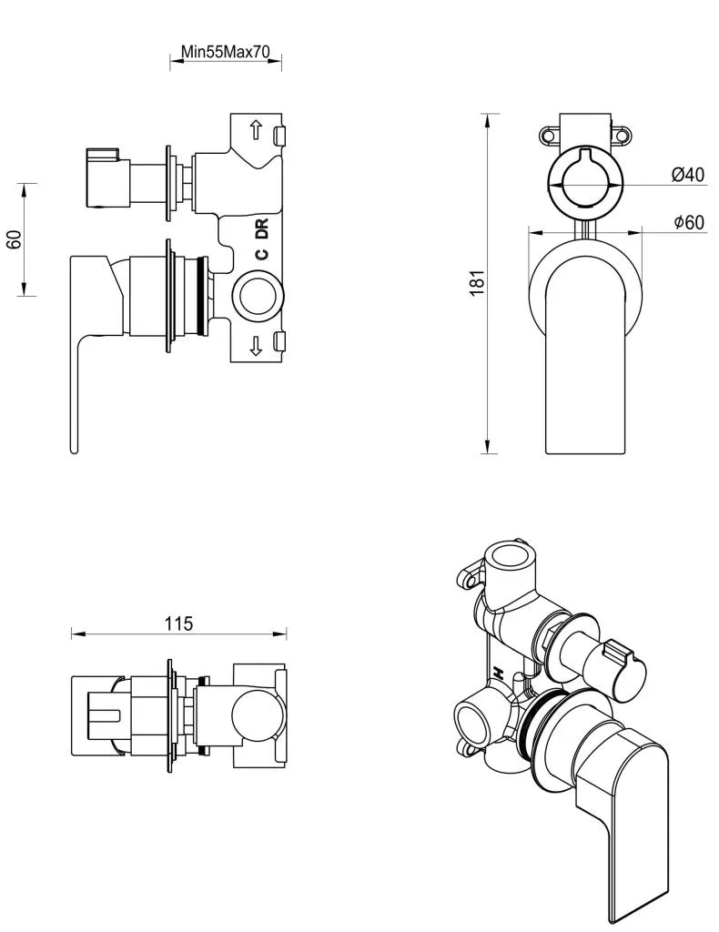 BELLA VISTA ELENIKO SHOWER MIXER DIVERTER - 2P - TRIM KIT ONLY
