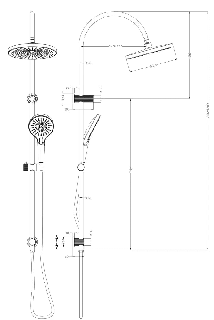 BELLA VISTA MICA FLUTED GOOSENECK DUAL SHOWER RAIL