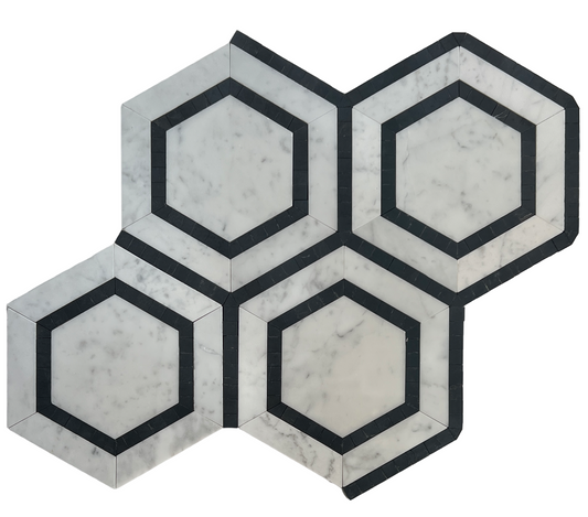 HEXAGON CARRARA + NERO BORDER HONED