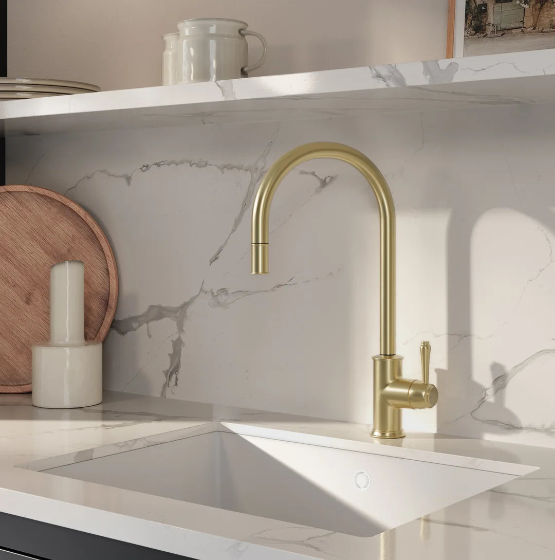 Kingsley Commercial Pull-Out Kitchen Mixer - Brushed Brass