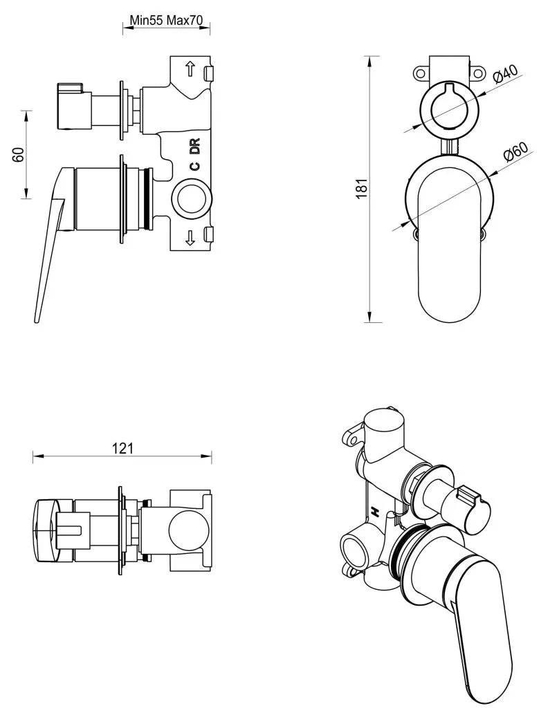 BELLA VISTA LANTRA SHOWER MIXER DIVERTER - 2P- TRIM KIT ONLY