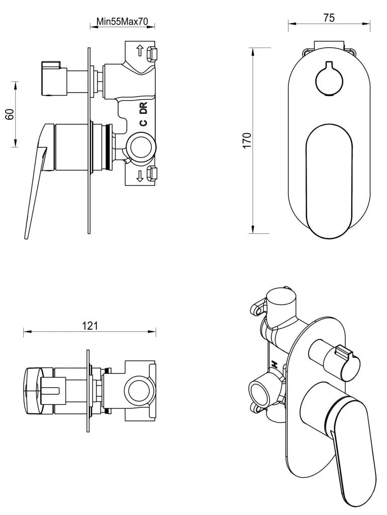 BELLA VISTA LANTRA SHOWER MIXER DIVERTER - 1P -  TRIM KIT ONLY