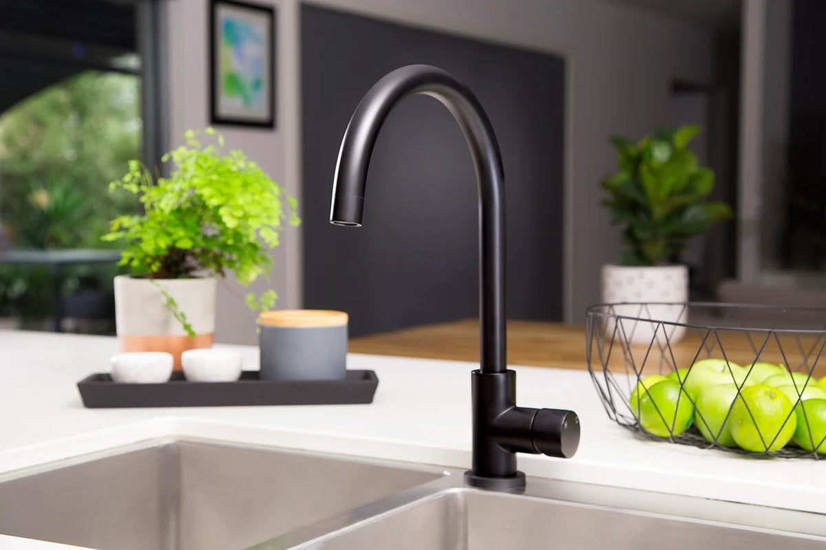 MEIR ROUND GOOSENECK KITCHEN MIXER TAP WITH PINLESS HANDLE