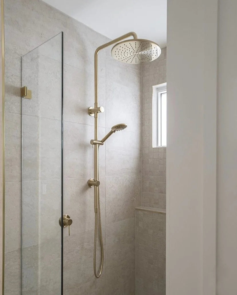 MEIR ROUND COMBINATION SHOWER RAIL, 300MM ROSE, THREE FUNCTION HAND SHOWER