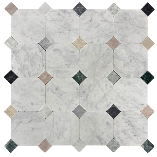 CARRARA OCTAGON + BLACK DOT TUMBLED