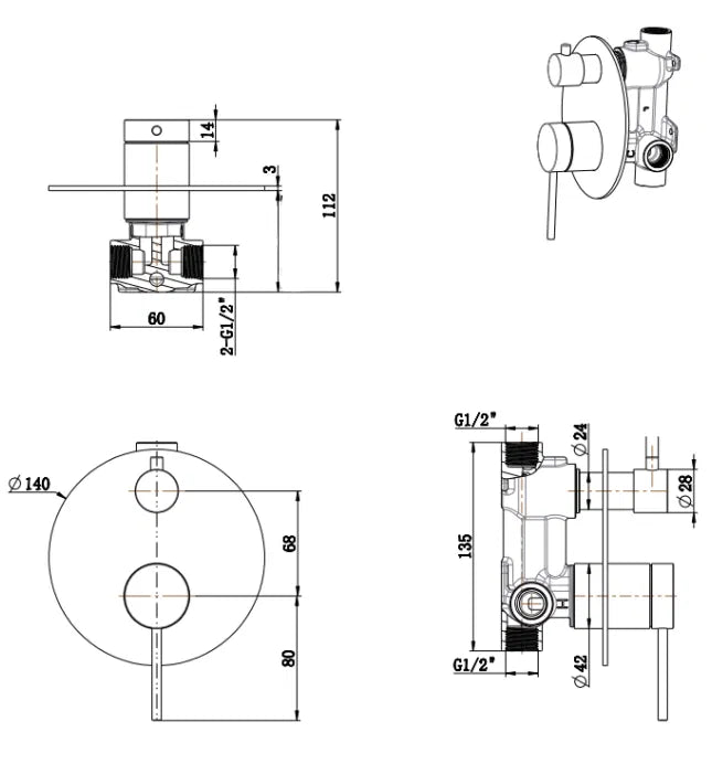 BELLA VISTA MICA SHOWER MIXER DIVERTER - 1P -TRIM KIT ONLY