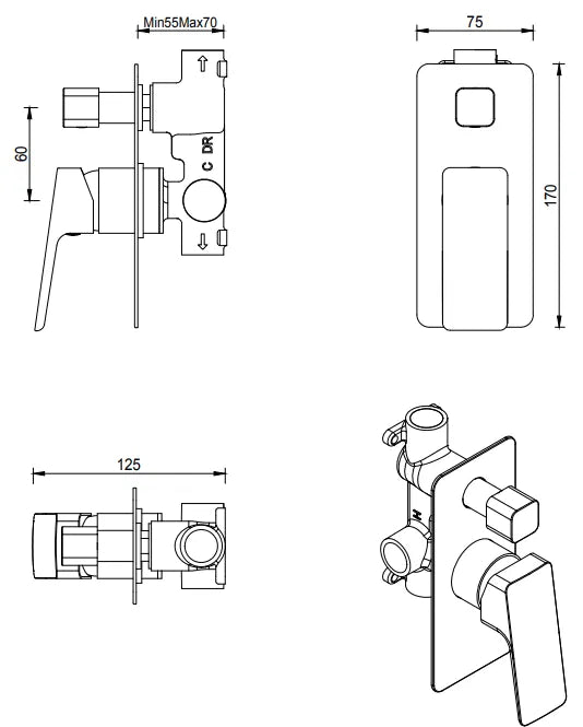 BELLA VISTA TIAGO SHOWER MIXER DIVERTER-TRIM KIT ONLY