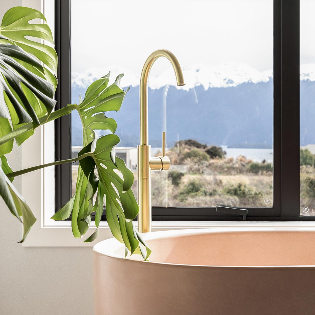 Elysian Floor Mounted Basin/Bath Filler with Mixer - Brushed Brass